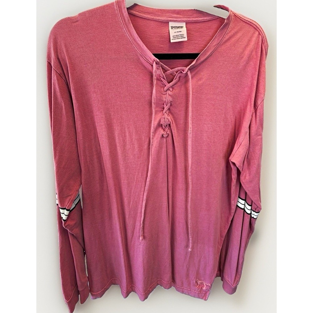 PINK Women's V-Neck Lace-Up Long Sleeve Knit T-Shirt Pink Solid Sz M